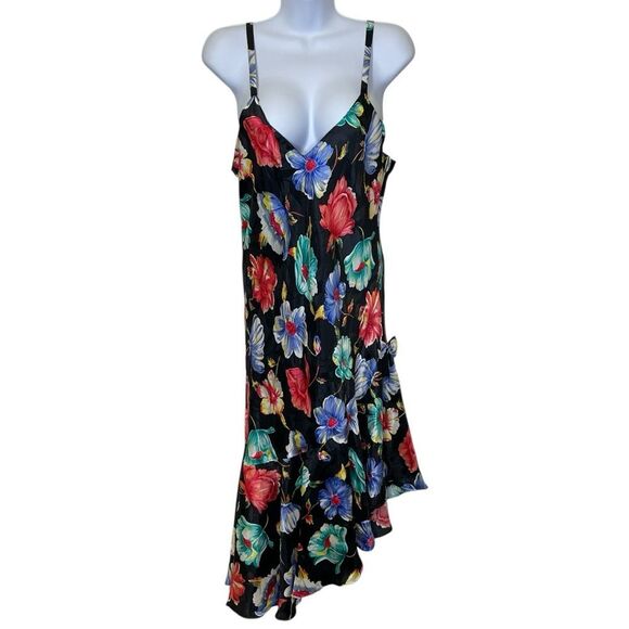 Vintage Victoria’s Secret Gold Label Floral Asymmetrical Slip Dress Black Large - Picture 2 of 13